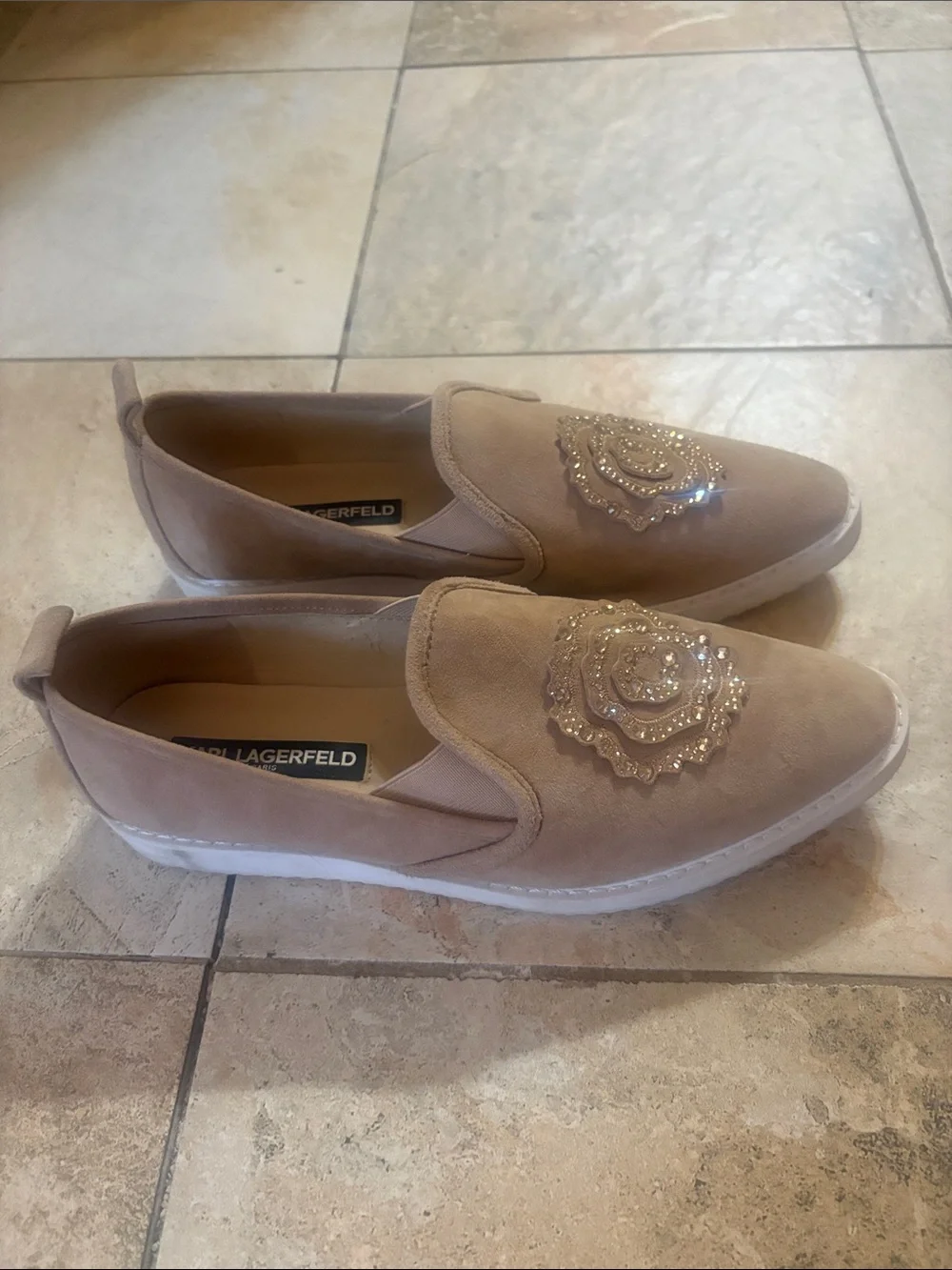 Karl Lagerfeld Taupe Slip-On Suede Loafers with Embellished Medallion